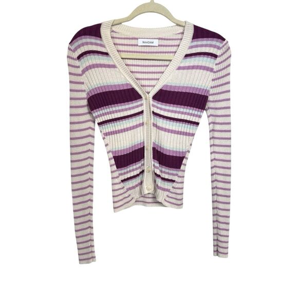 Naadam Womens Sz XS Purple Cream Stripped Ribbed Cardigan Sweater Silk Cashmere - Picture 1 of 8